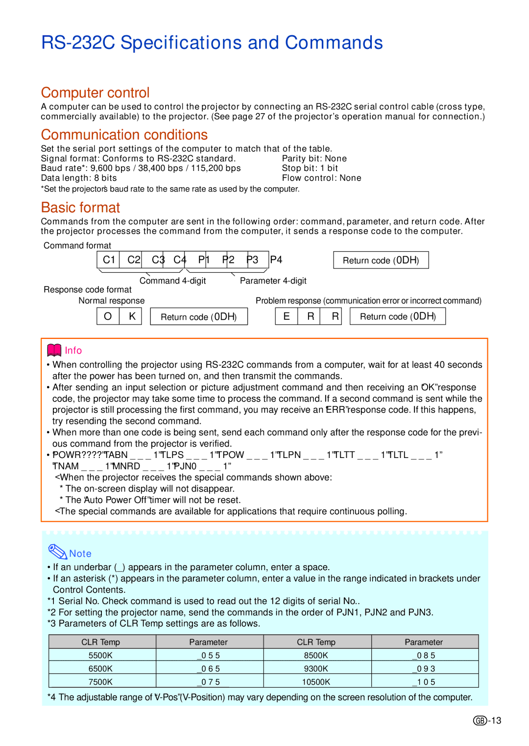 Sharp XG-C335X, XG-C430X RS-232C Specifications and Commands, Computer control Communication conditions, Basic format 