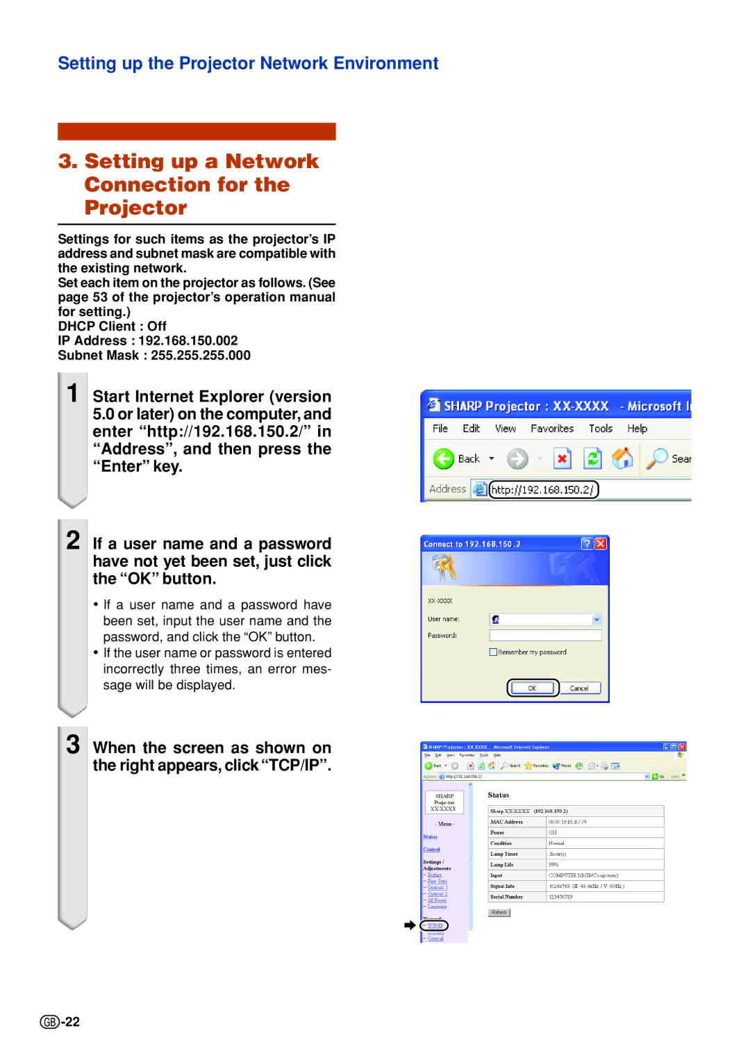 Sharp XG-C335X, XG-C430X, XG-C330X specifications Setting up a Network Connection for the Projector 