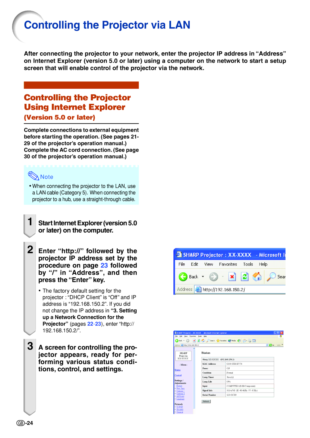 Sharp XG-C430X Controlling the Projector via LAN, Controlling the Projector Using Internet Explorer, Version 5.0 or later 