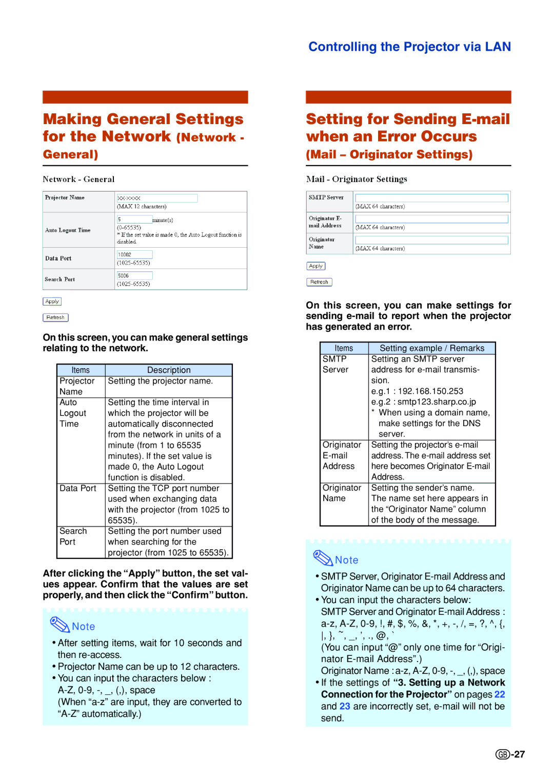 Sharp XG-C430X, XG-C335X Making General Settings for the Network Network, Setting for Sending E-mail when an Error Occurs 