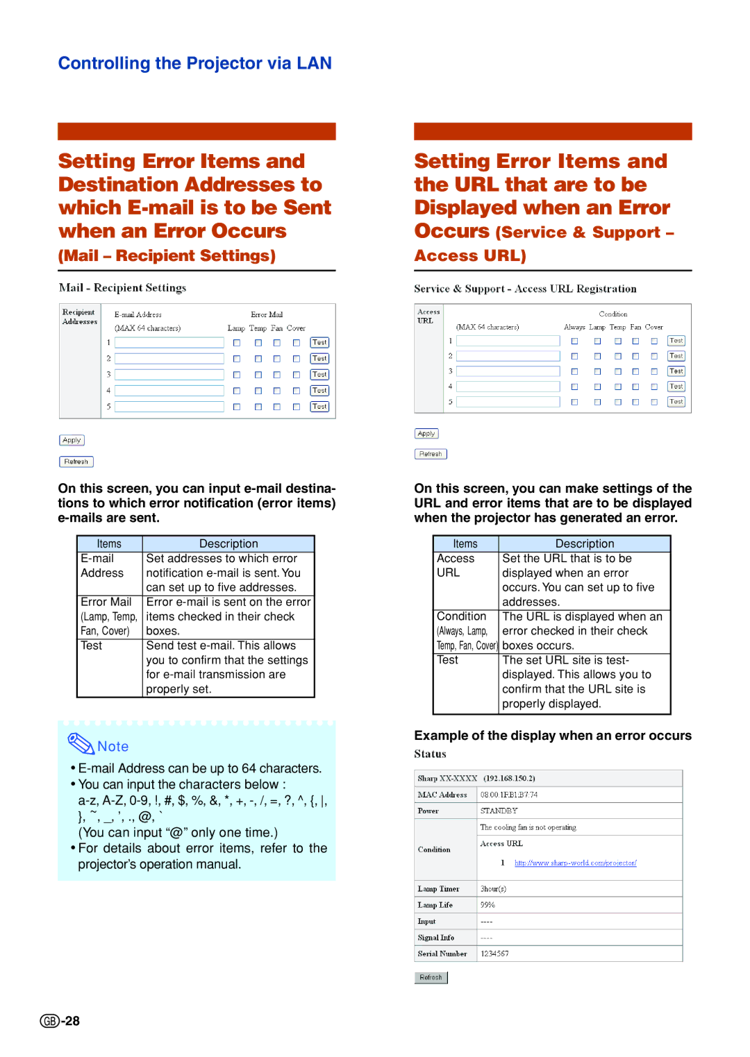 Sharp XG-C335X Mail Recipient Settings, Occurs Service & Support Access URL, Example of the display when an error occurs 