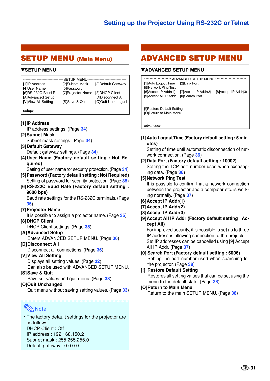 Sharp XG-C335X, XG-C430X, XG-C330X specifications Setup Menu Main Menu 