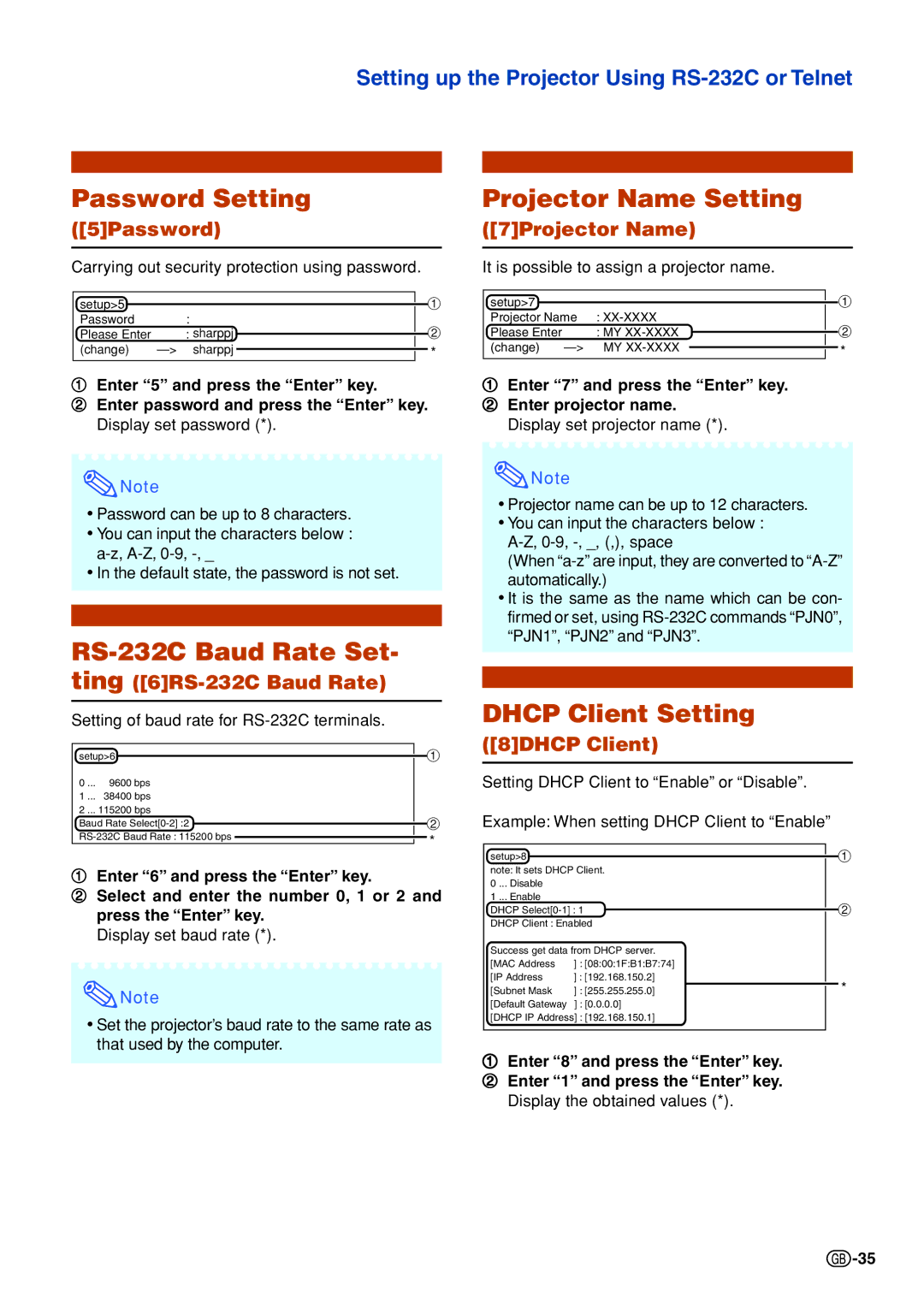 Sharp XG-C330X, XG-C430X, XG-C335X Password Setting, Projector Name Setting, RS-232C Baud Rate Set, Dhcp Client Setting 