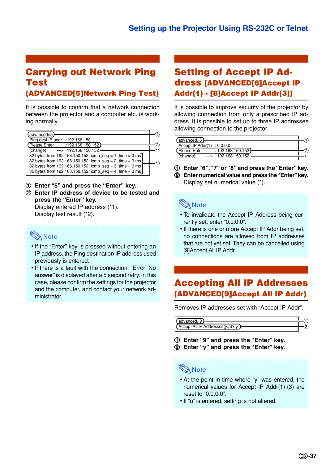 Sharp XG-C335X, XG-C430X Carrying out Network Ping Test, Setting of Accept IP Ad- dress, Accepting All IP Addresses 