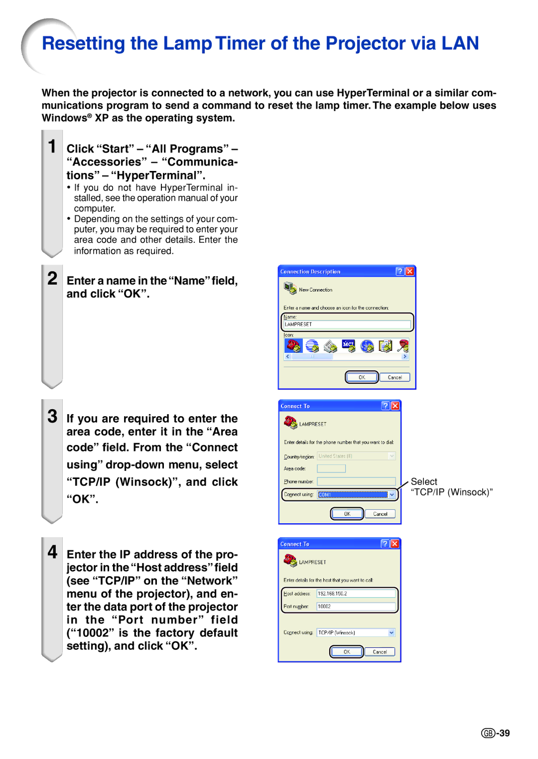 Sharp XG-C430X, XG-C335X, XG-C330X specifications Resetting the Lamp Timer of the Projector via LAN 