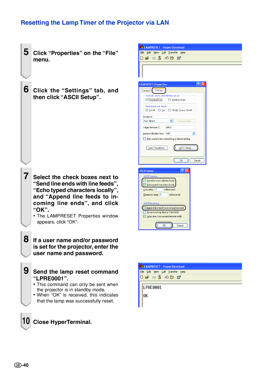 Sharp XG-C335X, XG-C430X, XG-C330X specifications Resetting the Lamp Timer of the Projector via LAN, Close HyperTerminal 