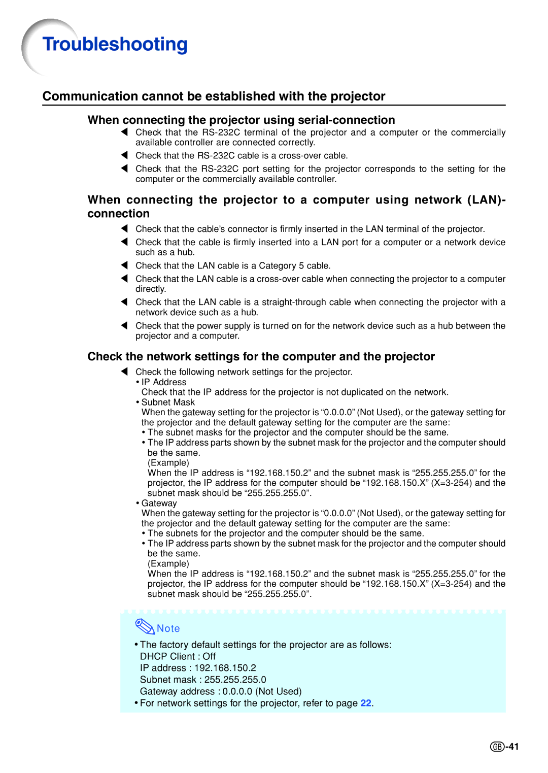 Sharp XG-C330X, XG-C430X, XG-C335X specifications Troubleshooting, When connecting the projector using serial-connection 