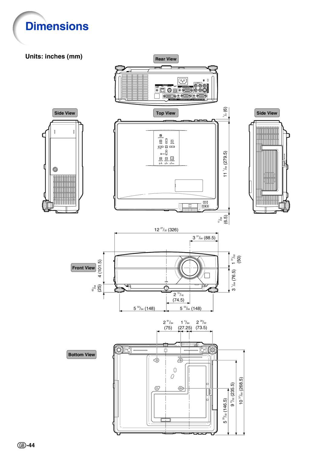 Sharp XG-C330X, XG-C430X, XG-C335X specifications Dimensions, Units inches mm 