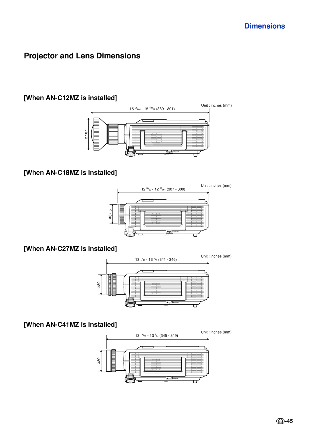 Sharp XG-C430X, XG-C335X, XG-C330X When AN-C12MZ is installed, When AN-C18MZ is installed, When AN-C27MZ is installed 