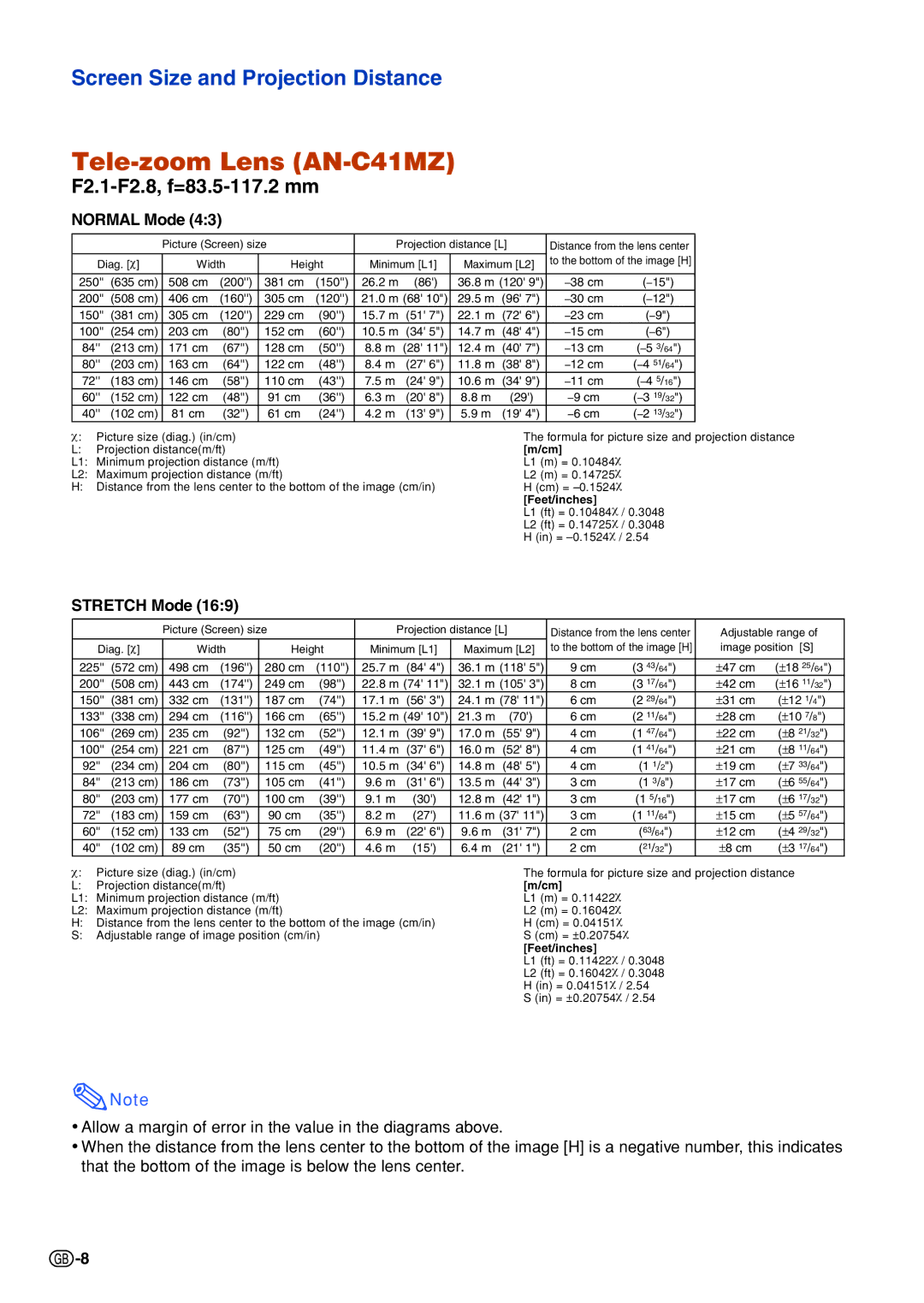 Sharp XG-C330X, XG-C430X, XG-C335X specifications Tele-zoom Lens AN-C41MZ, F2.1-F2.8, f=83.5-117.2 mm 