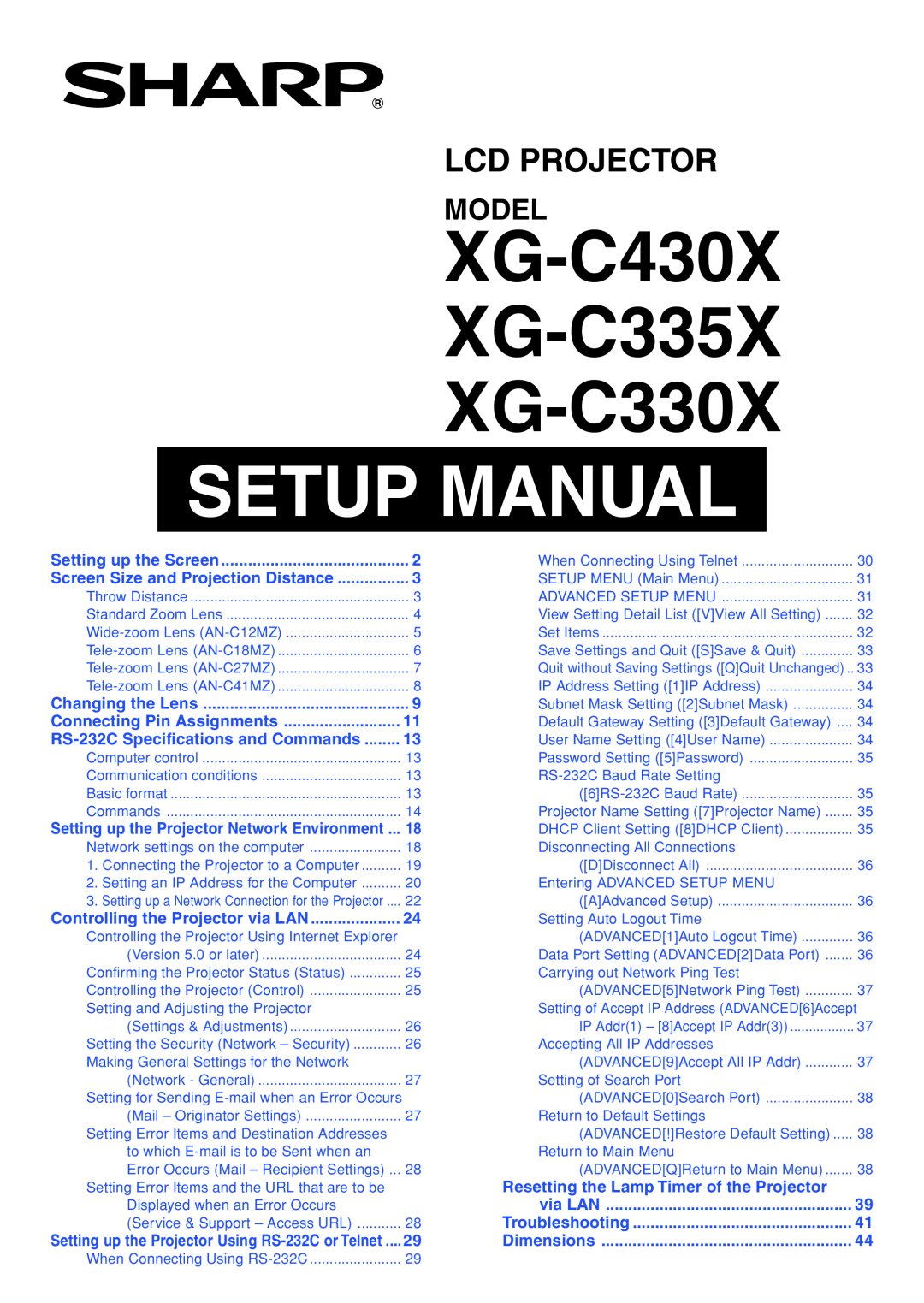 Sharp specifications XG-C430X XG-C335X XG-C330X, Setup Manual, Lcd Projector, Model 