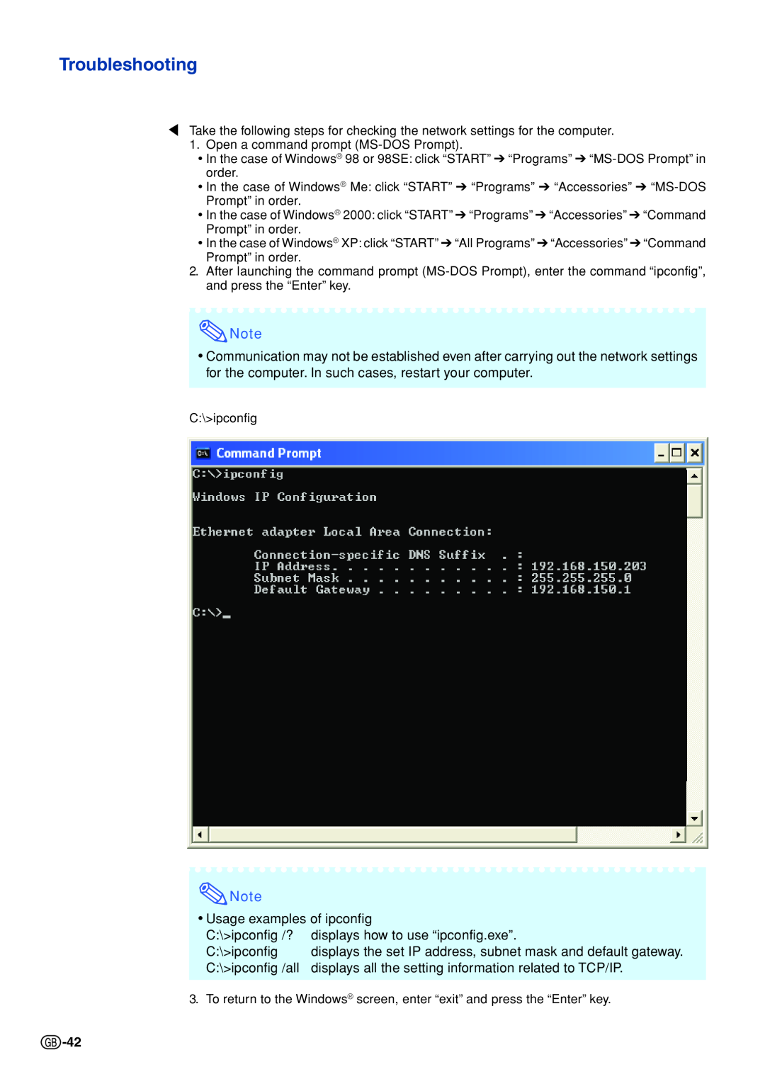 Sharp XG-C430X, XG-C335X Troubleshooting, Usage examples of ipconfig, C\ipconfig /? displays how to use “ipconfig.exe” 