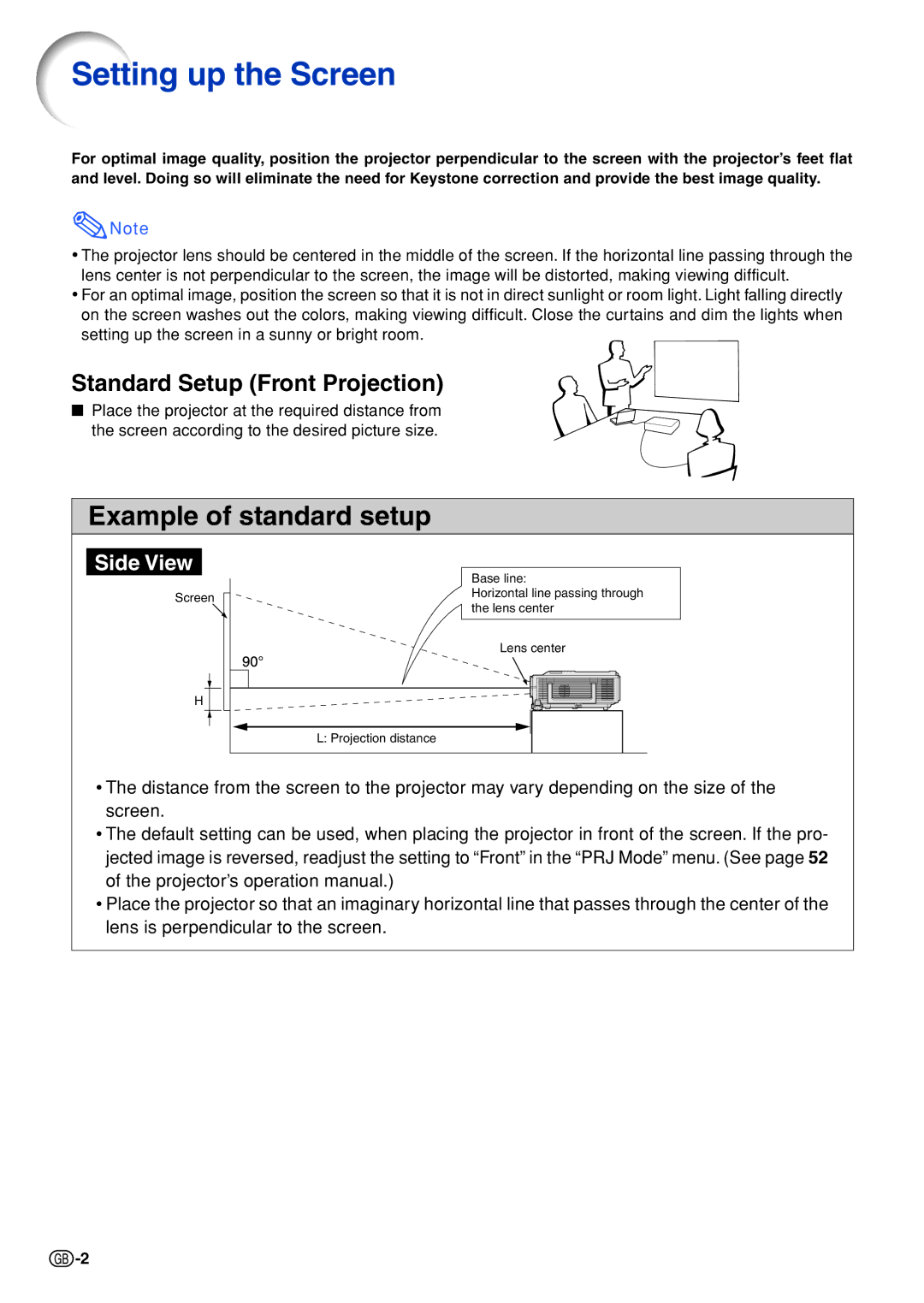 Sharp XG-C435X, XG-C465X specifications Setting up the Screen, Standard Setup Front Projection 