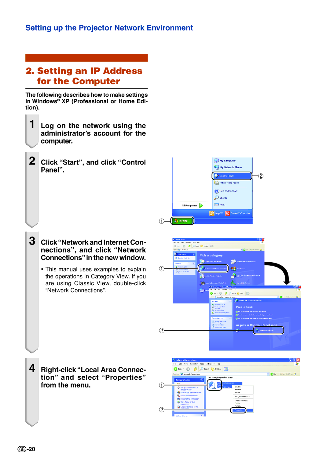 Sharp XG-C435X, XG-C465X specifications Setting an IP Address for the Computer 