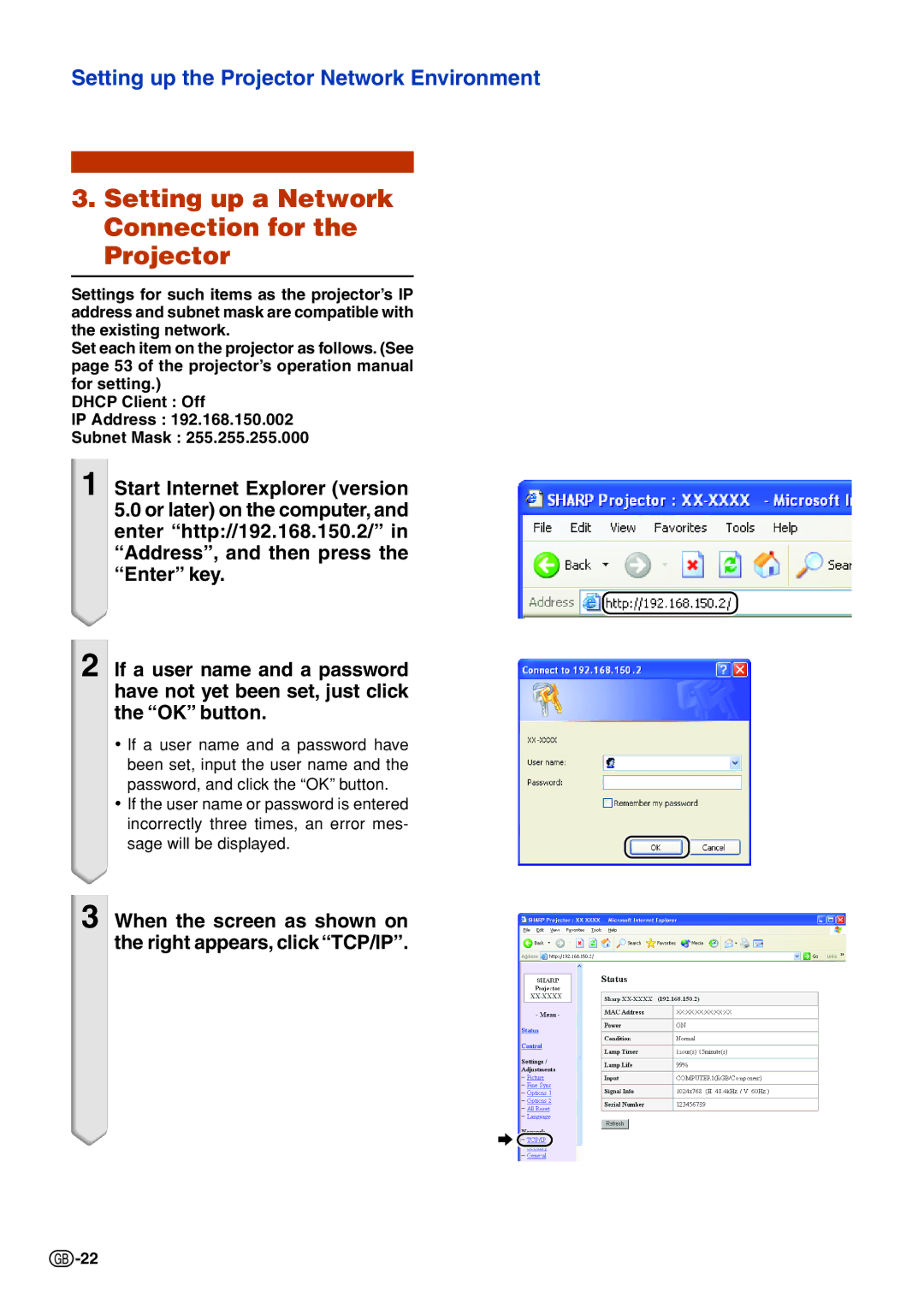 Sharp XG-C435X, XG-C465X specifications Setting up a Network Connection for the Projector 