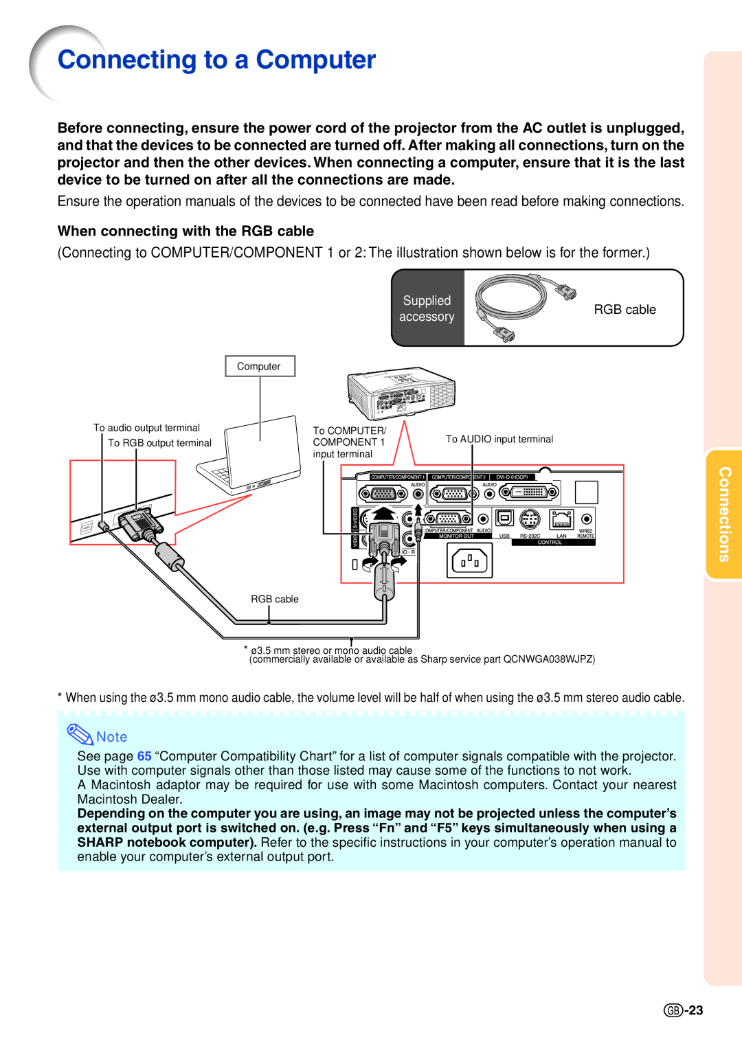 Sharp XG-C435X-L, XG-C465X-L operation manual Connecting to a Computer, Supplied RGB cable Accessory 