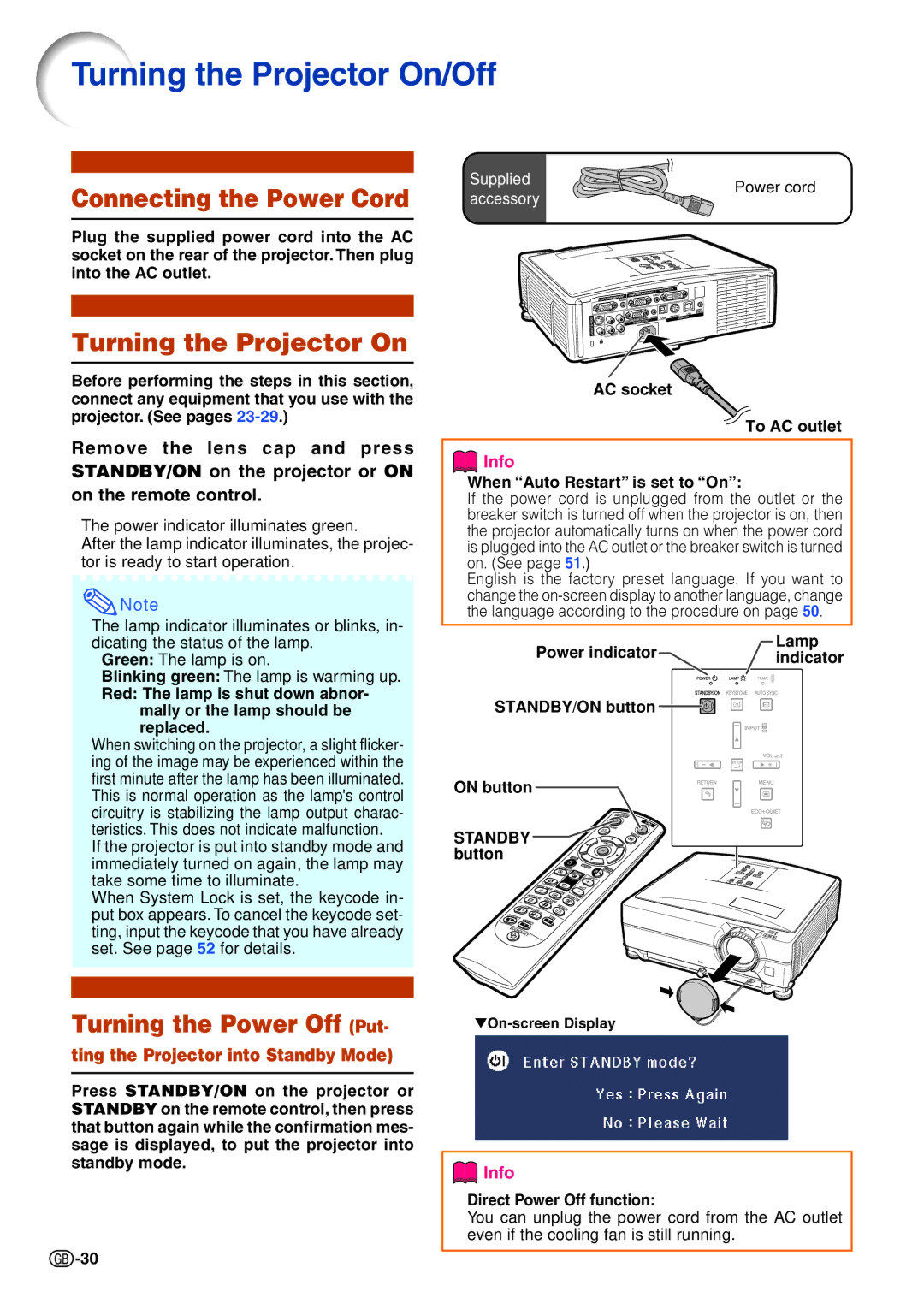 Sharp XG-C465X-L, XG-C435X-L Turning the Projector On/Off, Connecting the Power Cord, Turning the Power Off Put 