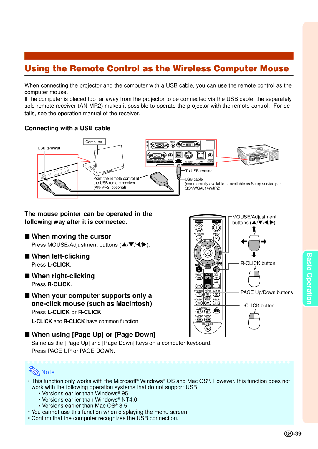 Sharp XG-C435X-L Using the Remote Control as the Wireless Computer Mouse, When moving the cursor, When left-clicking 