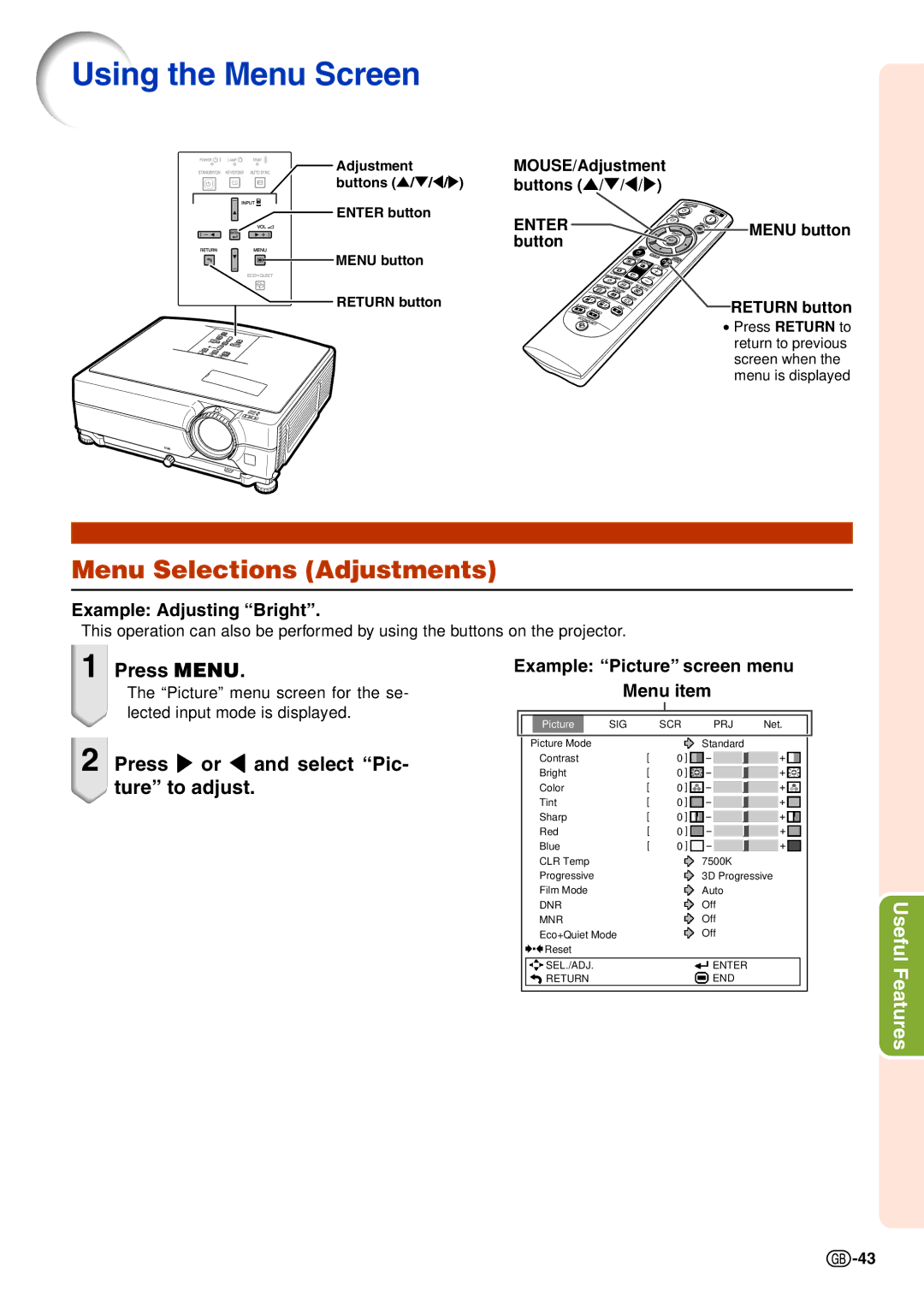 Sharp XG-C435X-L, XG-C465X-L operation manual Using the Menu Screen, Menu Selections Adjustments, Press Menu 