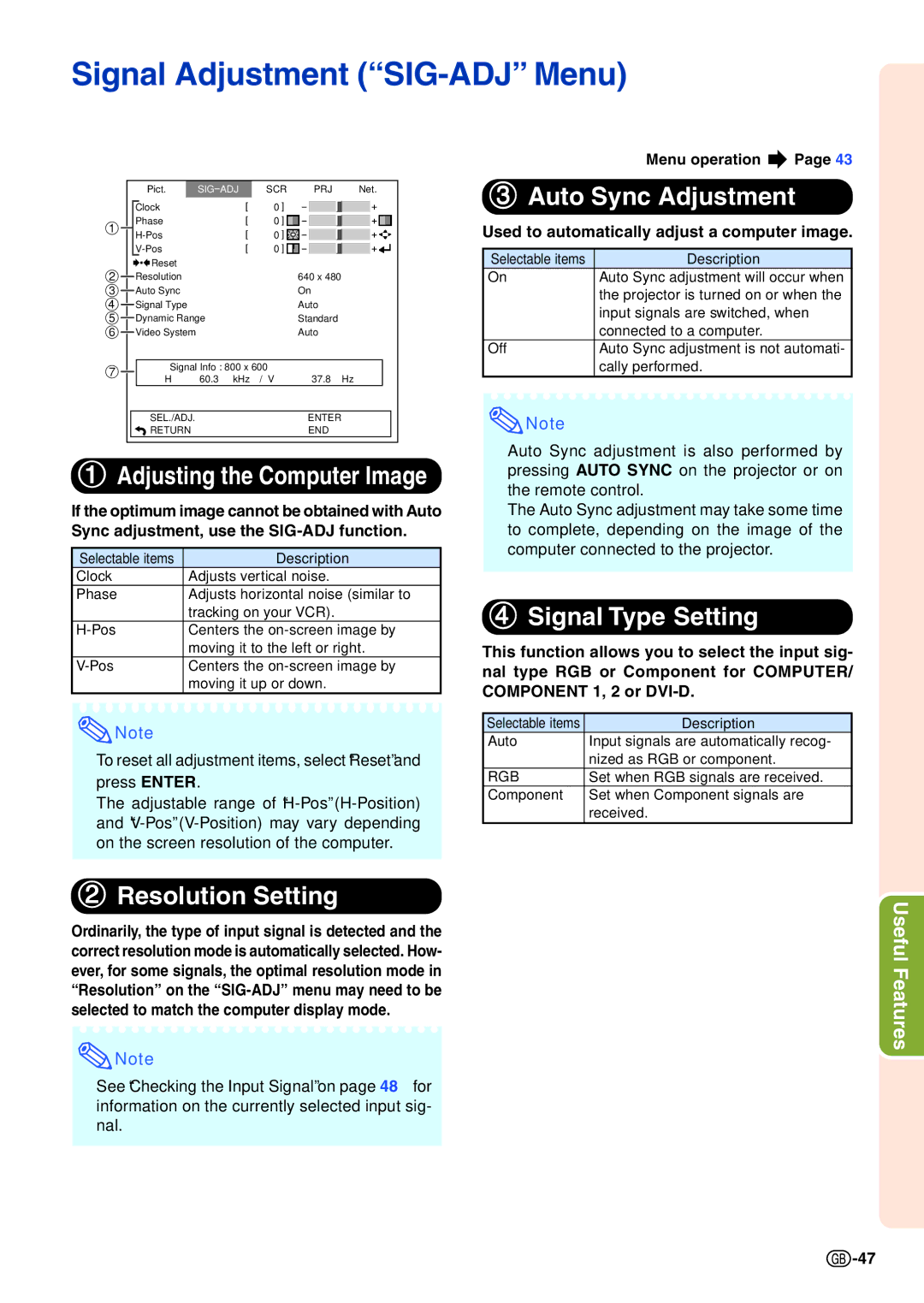 Sharp XG-C435X-L Signal Adjustment ÒSIG-ADJÓ Menu, Auto Sync Adjustment, Signal Type Setting, Resolution Setting 