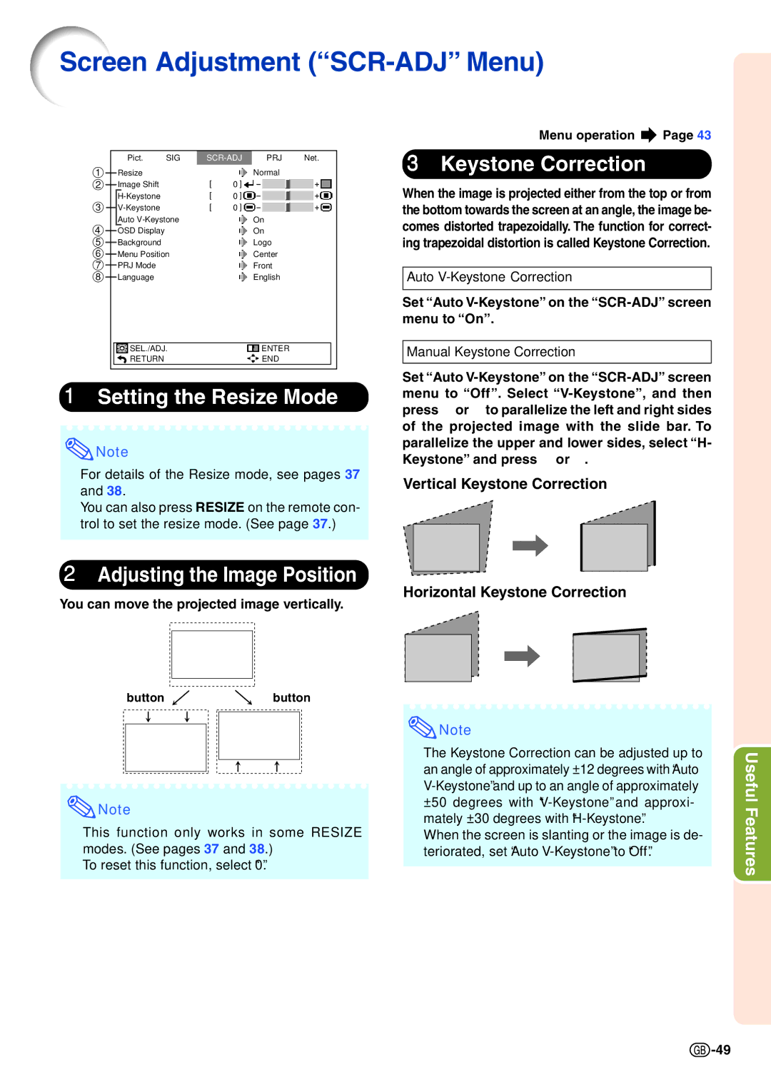 Sharp XG-C435X-L, XG-C465X-L Screen Adjustment ÒSCR-ADJÓ Menu, Setting the Resize Mode, Adjusting the Image Position 