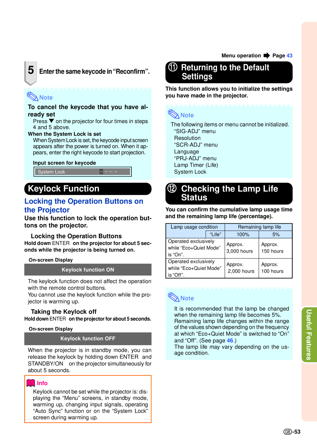 Sharp XG-C435X-L, XG-C465X-L Returning to the Default Settings, Keylock Function, Checking the Lamp Life Status 