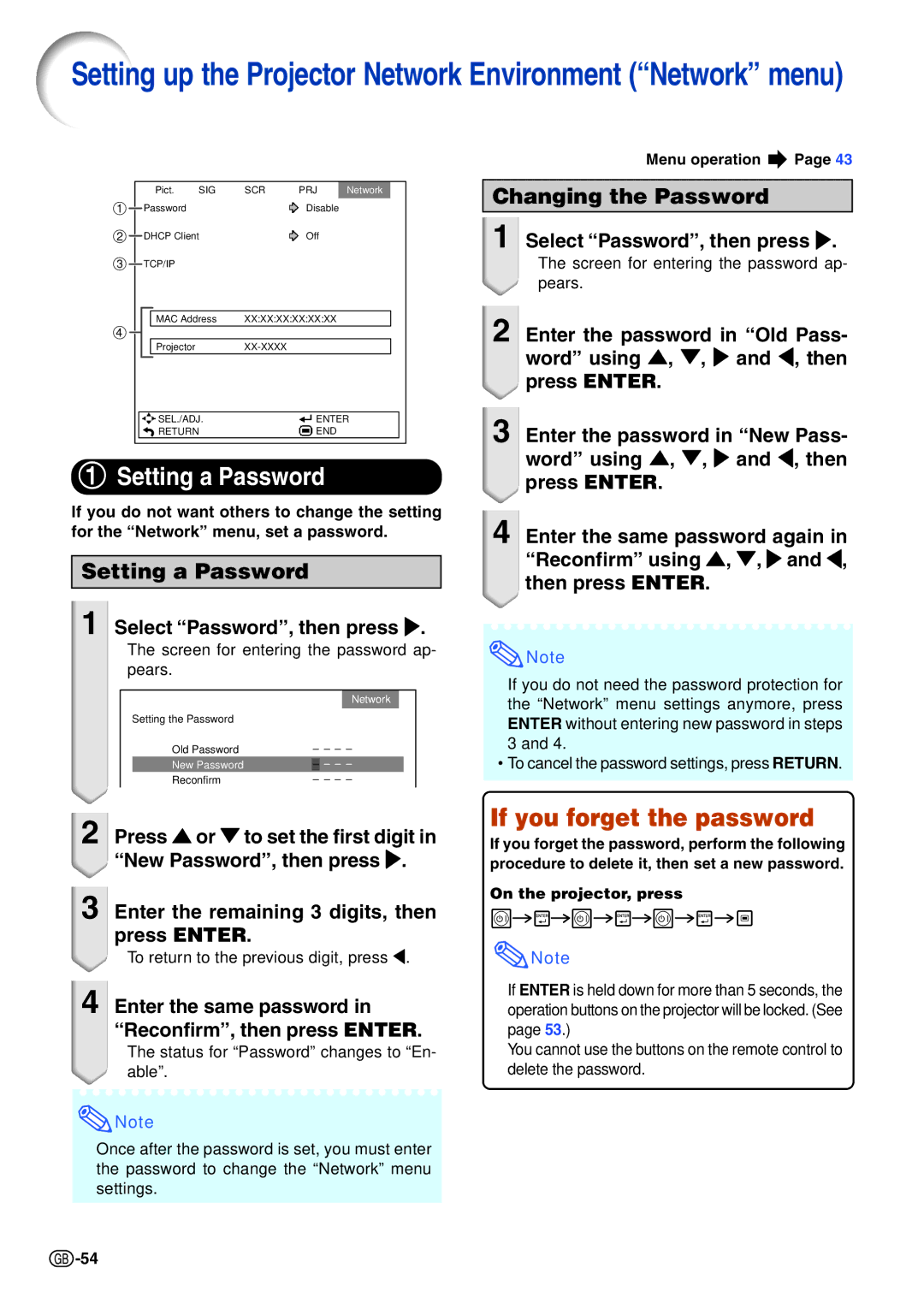 Sharp XG-C465X-L, XG-C435X-L operation manual Setting a Password, If you forget the password, Select ÒPasswordÓ, then press 