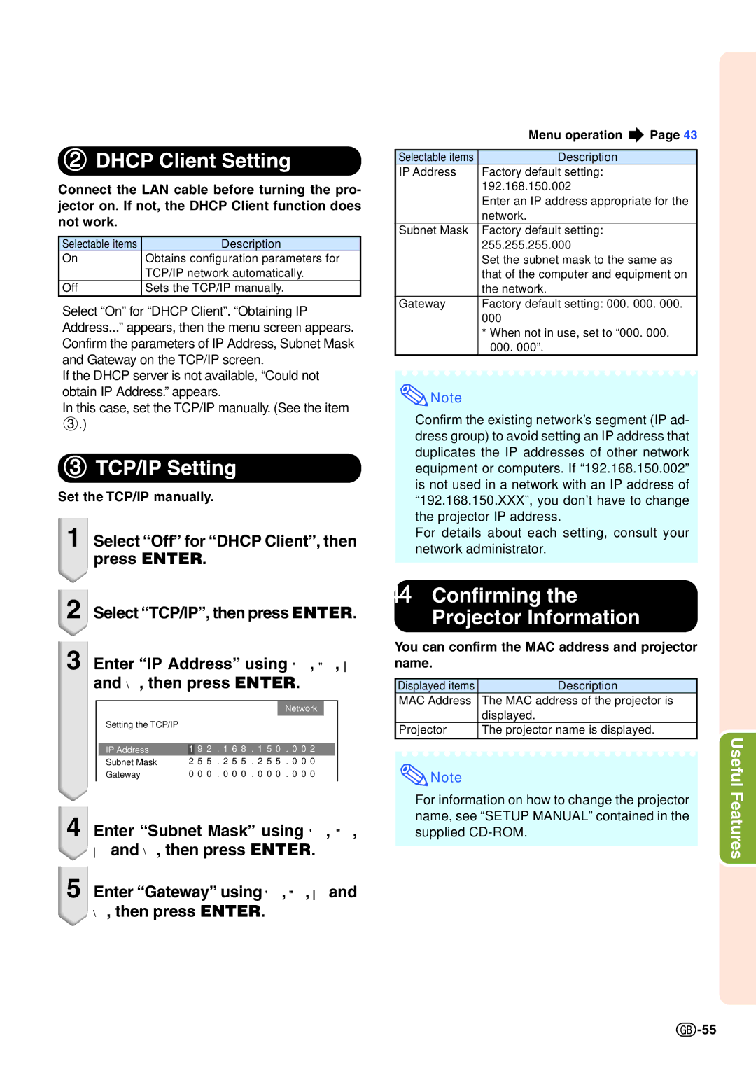 Sharp XG-C435X-L, XG-C465X-L operation manual Dhcp Client Setting, TCP/IP Setting, Set the TCP/IP manually 