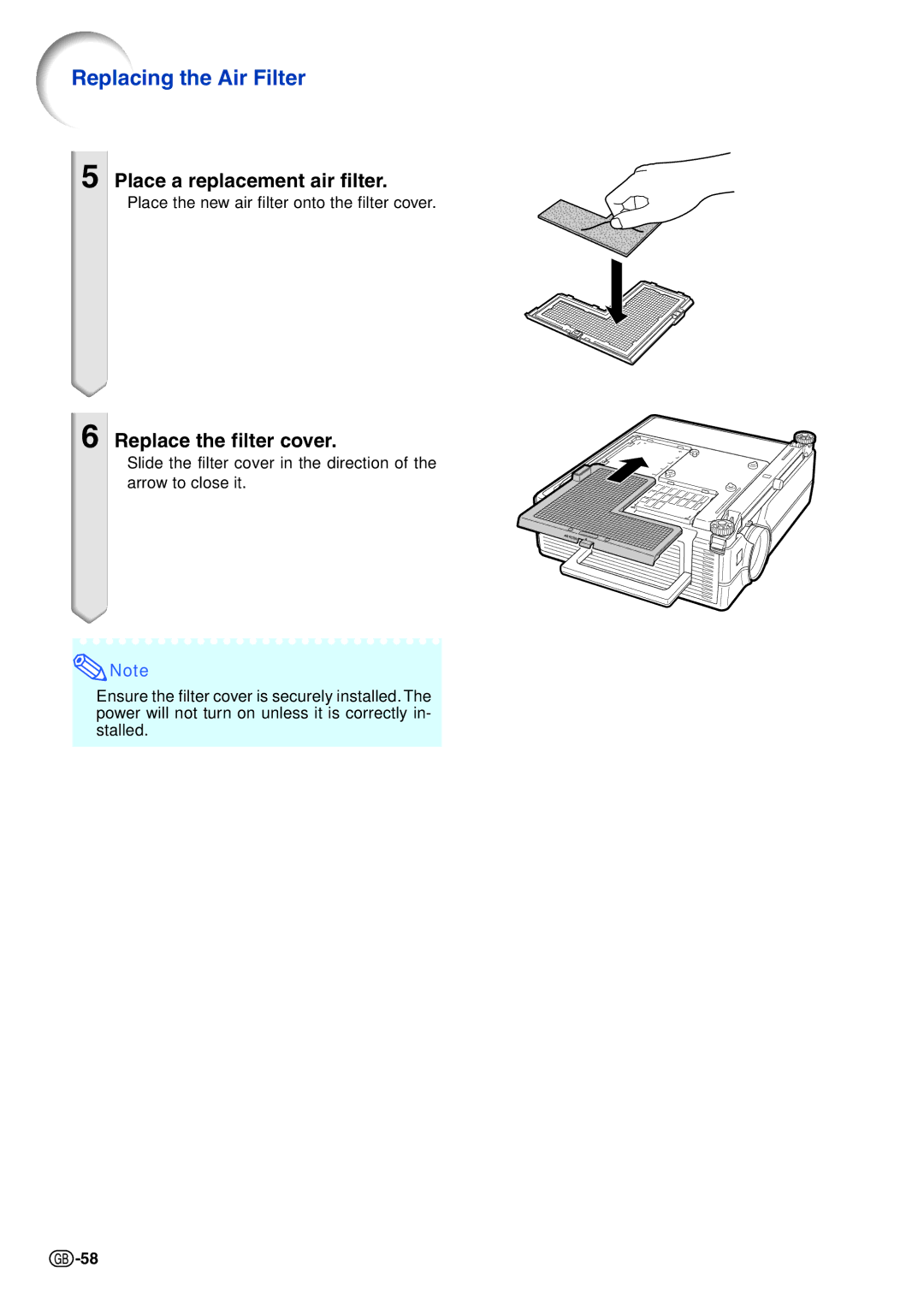 Sharp XG-C465X-L, XG-C435X-L Replacing the Air Filter, Place a replacement air filter, Replace the filter cover 