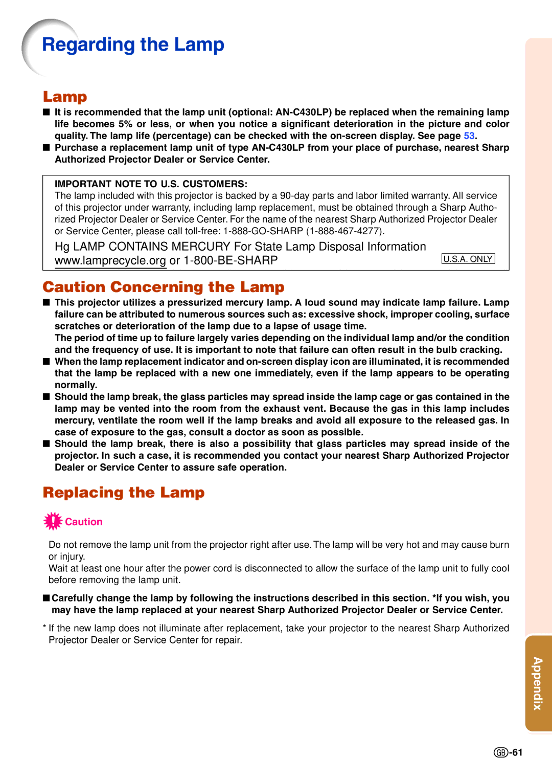 Sharp XG-C435X-L, XG-C465X-L operation manual Regarding the Lamp, Replacing the Lamp 