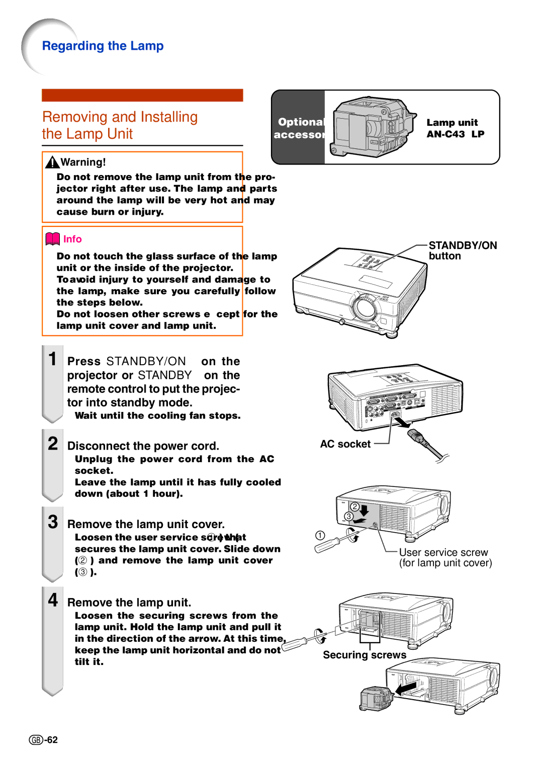 Sharp XG-C465X-L, XG-C435X-L Removing and Installing the Lamp Unit, Regarding the Lamp, Remove the lamp unit cover 