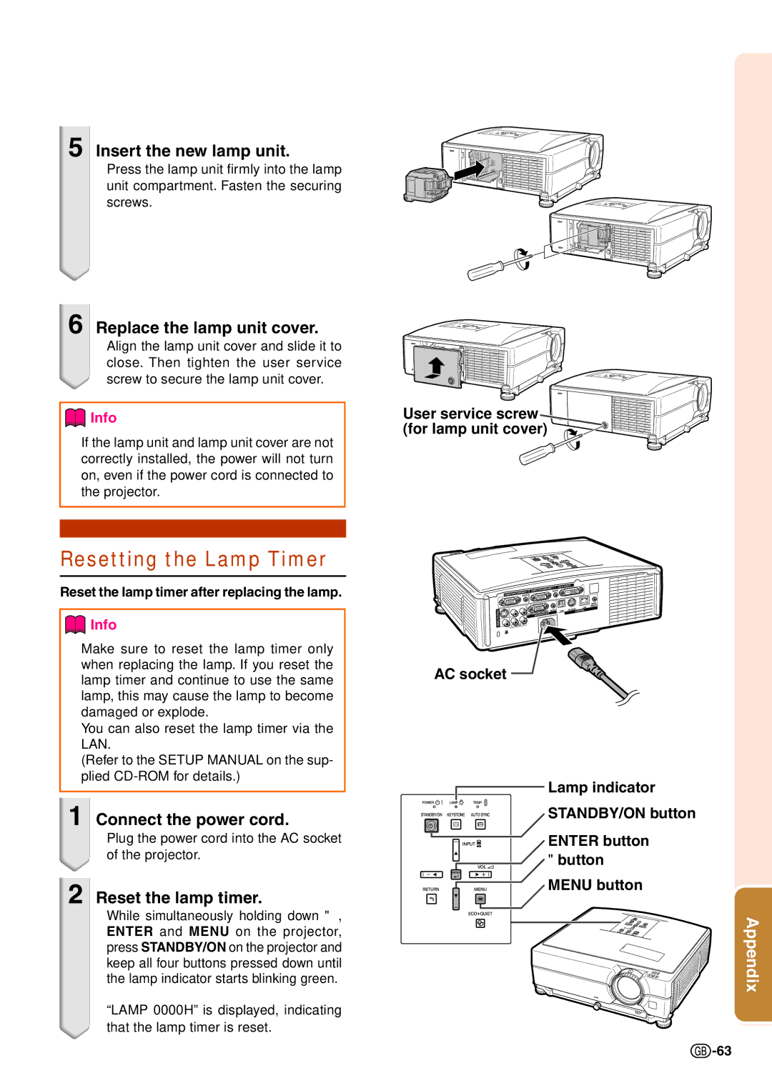 Sharp XG-C435X-L Resetting the Lamp Timer, Insert the new lamp unit, Replace the lamp unit cover, Connect the power cord 