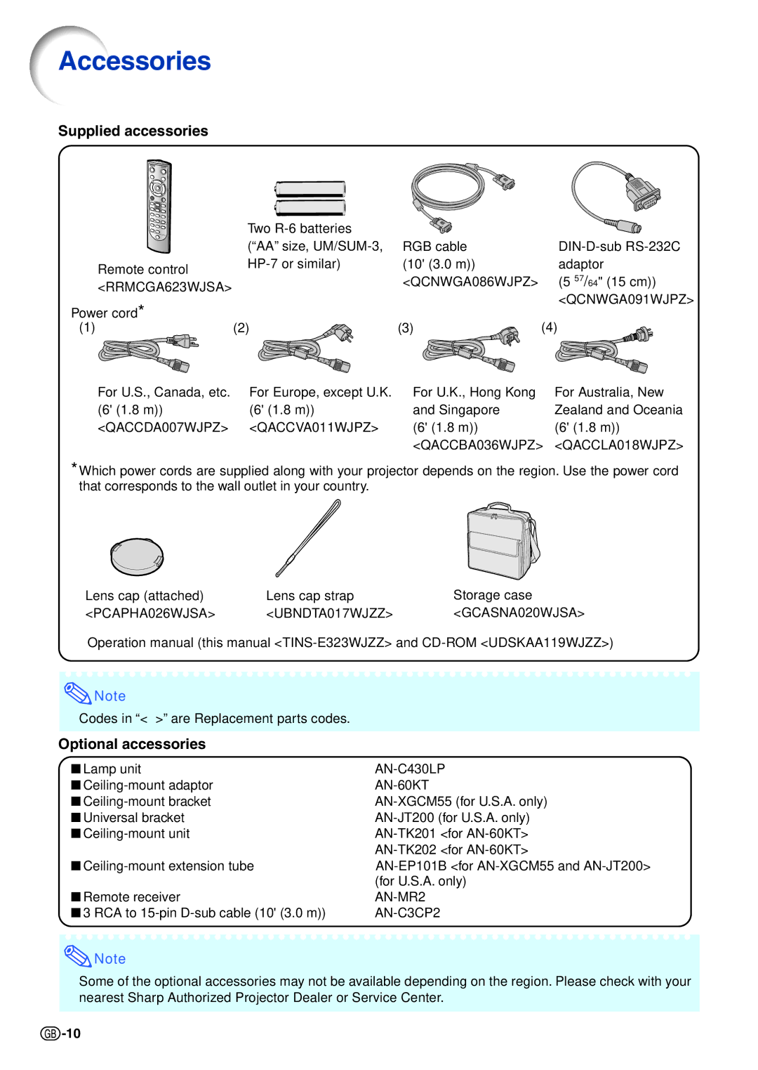 Sharp XG-C465X-L, XG-C435X-L operation manual Accessories, Supplied accessories, Optional accessories 