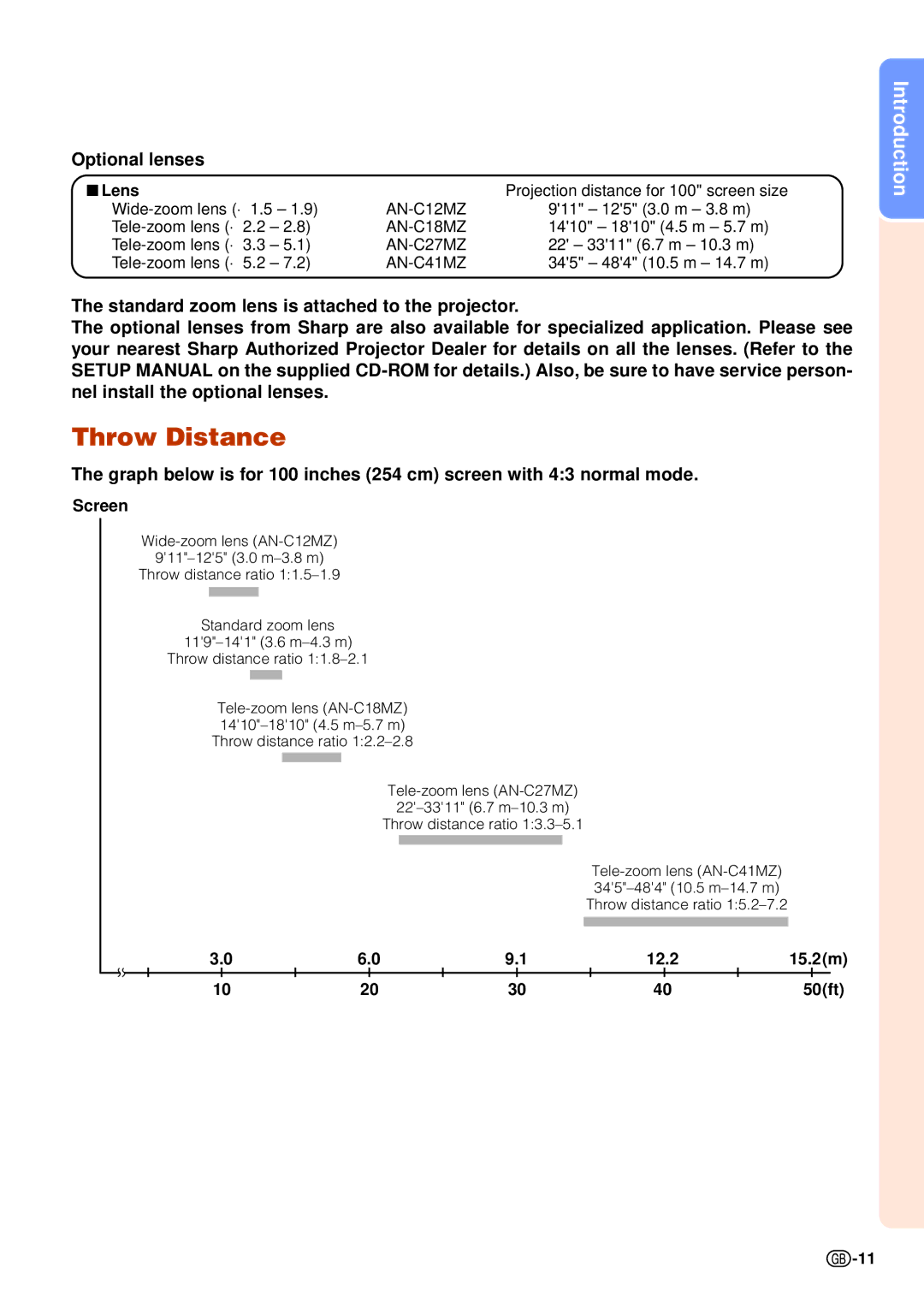 Sharp XG-C435X-L, XG-C465X-L operation manual Throw Distance, Optional lenses, Lens, Screen, 12.2 15.2m 50ft 