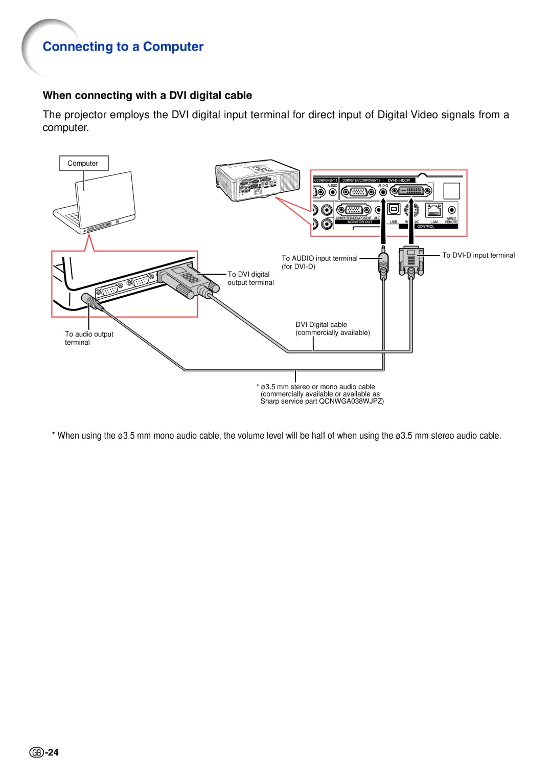 Sharp XG-C465X-L, XG-C435X-L operation manual Connecting to a Computer, When connecting with a DVI digital cable 