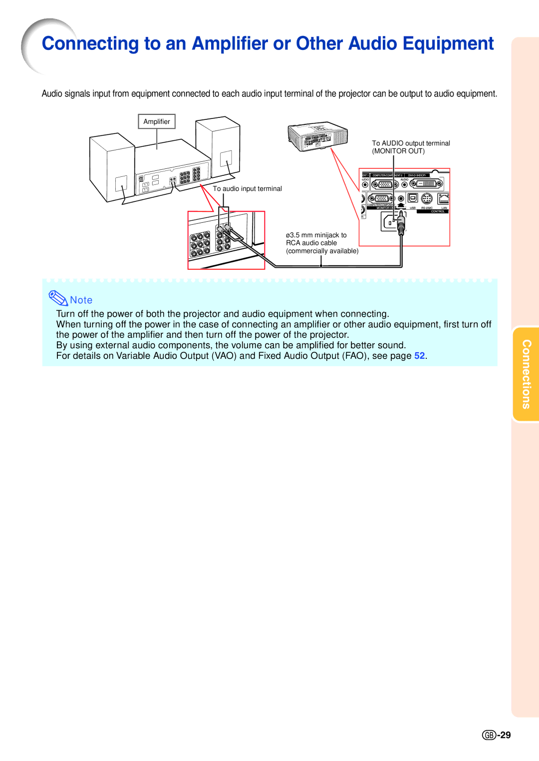 Sharp XG-C435X-L, XG-C465X-L operation manual Connecting to an Amplifier or Other Audio Equipment 