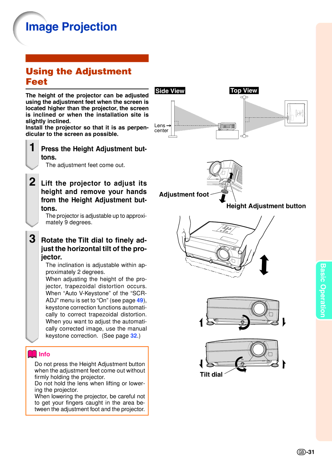 Sharp XG-C435X-L, XG-C465X-L Image Projection, Using the Adjustment Feet, Press the Height Adjustment but- tons 