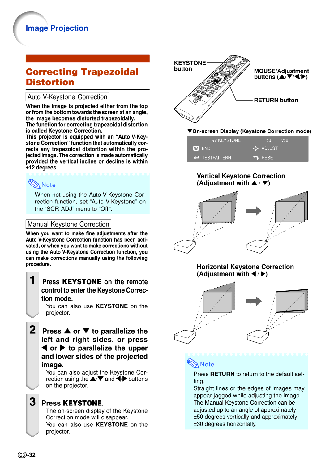 Sharp XG-C465X-L, XG-C435X-L operation manual Correcting Trapezoidal Distortion, Image Projection, Press Keystone 