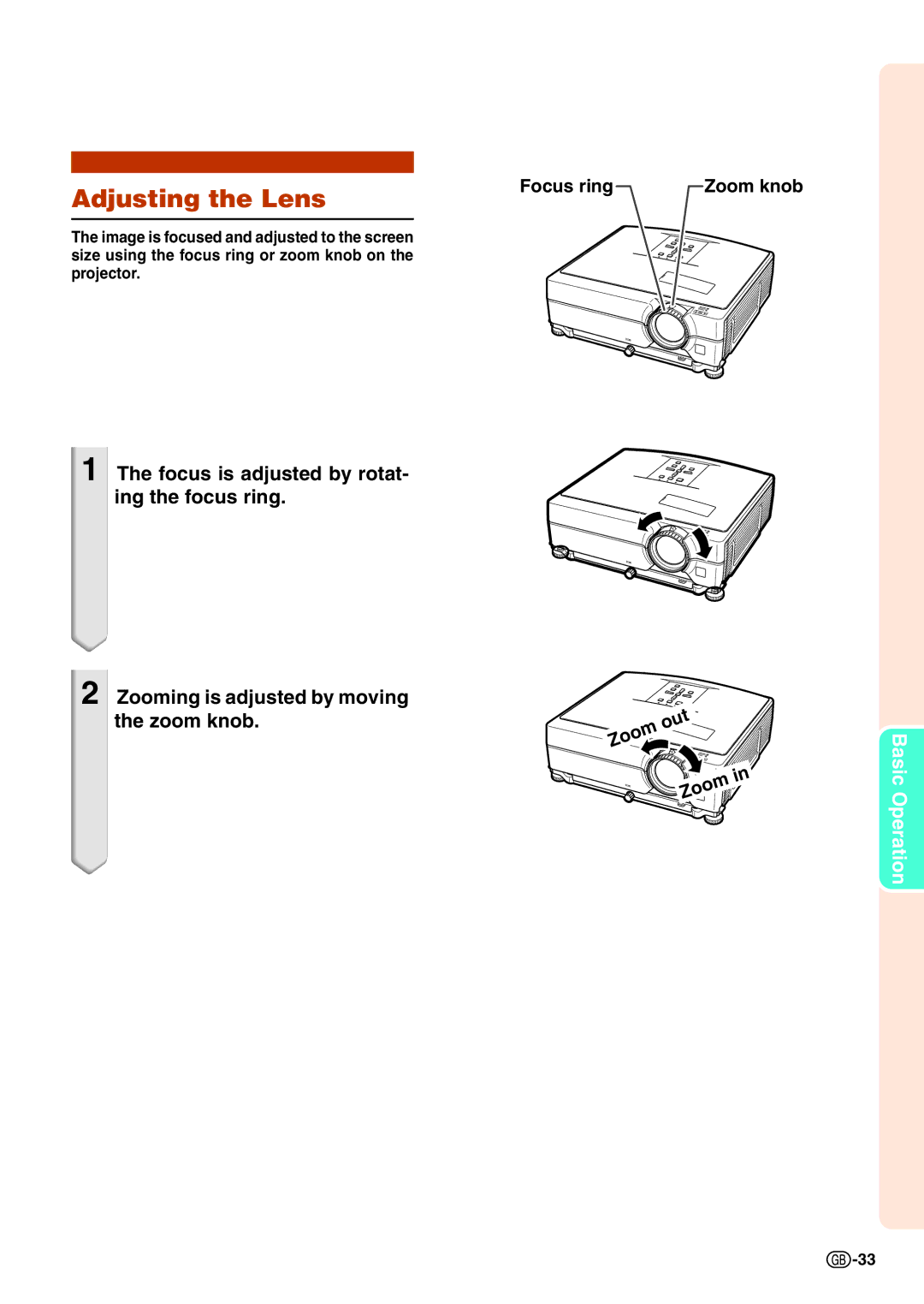 Sharp XG-C435X-L, XG-C465X-L operation manual Adjusting the Lens, Zoom knob, Out Zoom 