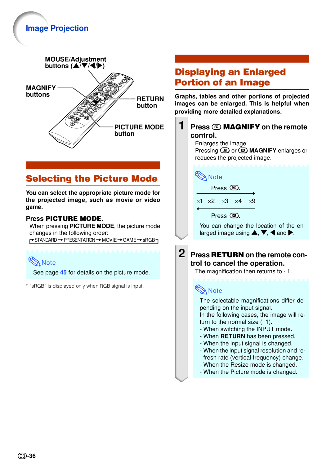 Sharp XG-C465X-L, XG-C435X-L operation manual Displaying an Enlarged Portion of an Image, Selecting the Picture Mode 