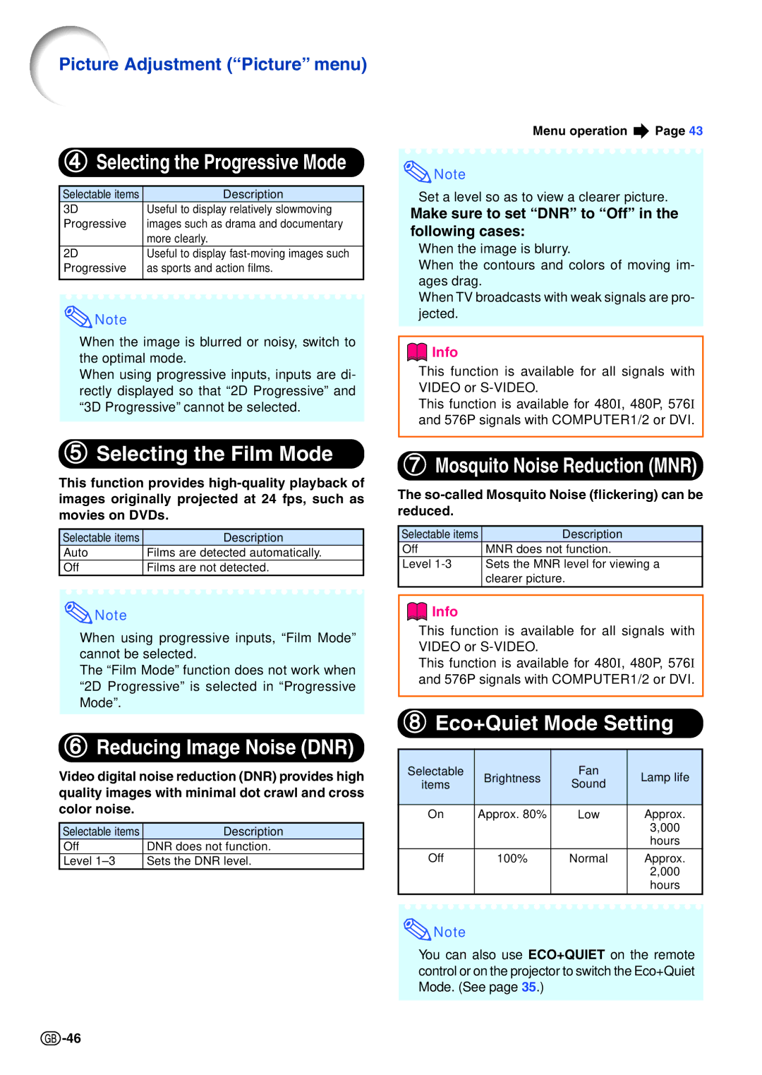 Sharp XG-C465X-L, XG-C435X-L operation manual Selecting the Film Mode, Reducing Image Noise DNR, 8Eco+Quiet Mode Setting 