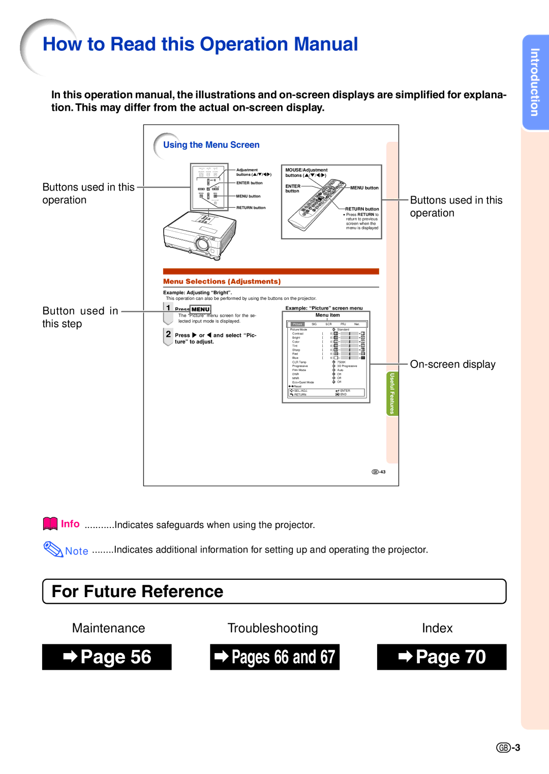 Sharp XG-C435X-L, XG-C465X-L Buttons used in this, Operation, Info Indicates safeguards when using the projector 