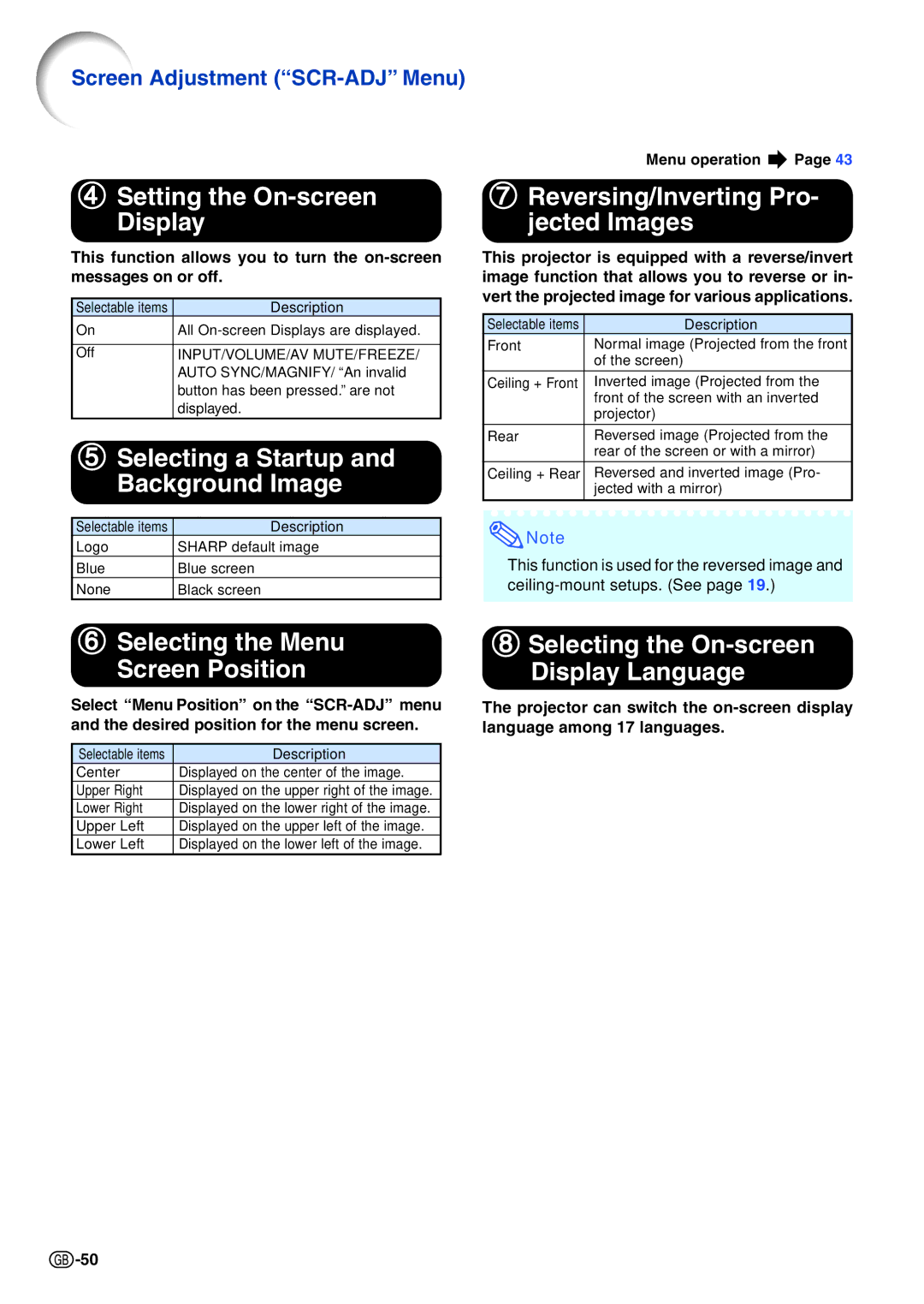 Sharp XG-C465X-L Setting the On-screen Display, 7Reversing/Inverting Pro- jected Images, Screen Adjustment ÒSCR-ADJÓ Menu 