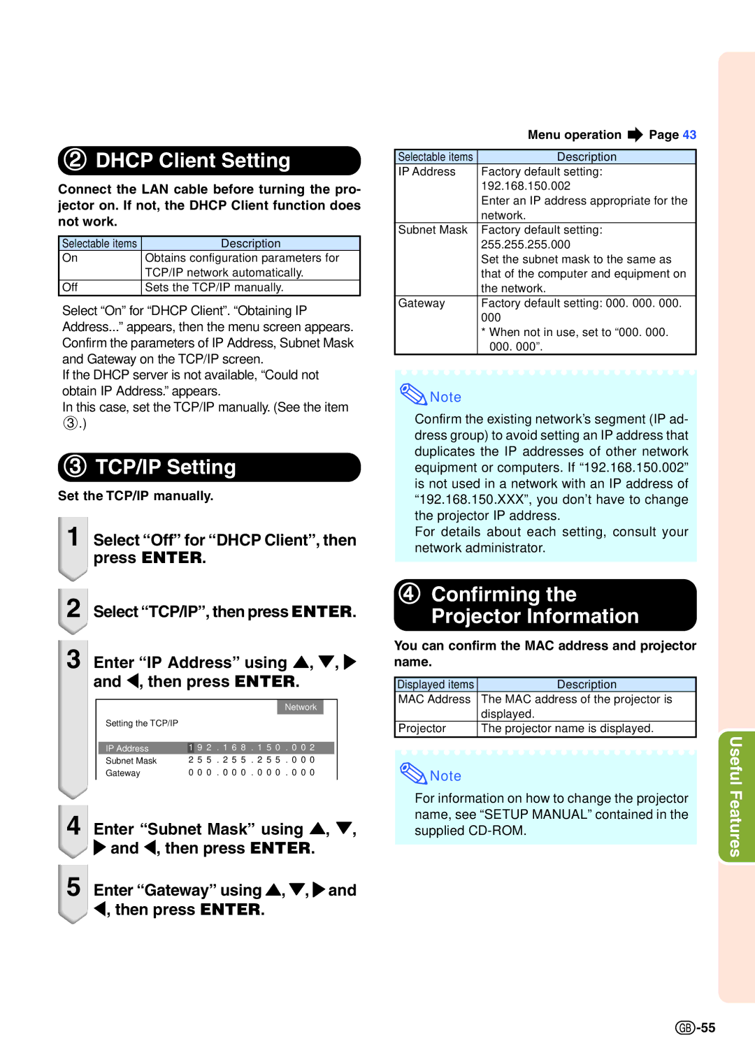 Sharp XG-C435X-L, XG-C465X-L operation manual Dhcp Client Setting, TCP/IP Setting, Set the TCP/IP manually 