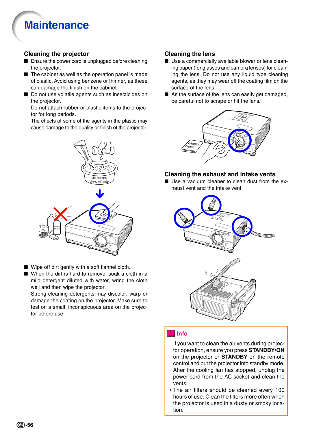 Sharp XG-C465X-L, XG-C435X-L Maintenance, Cleaning the projector, Cleaning the lens, Cleaning the exhaust and intake vents 