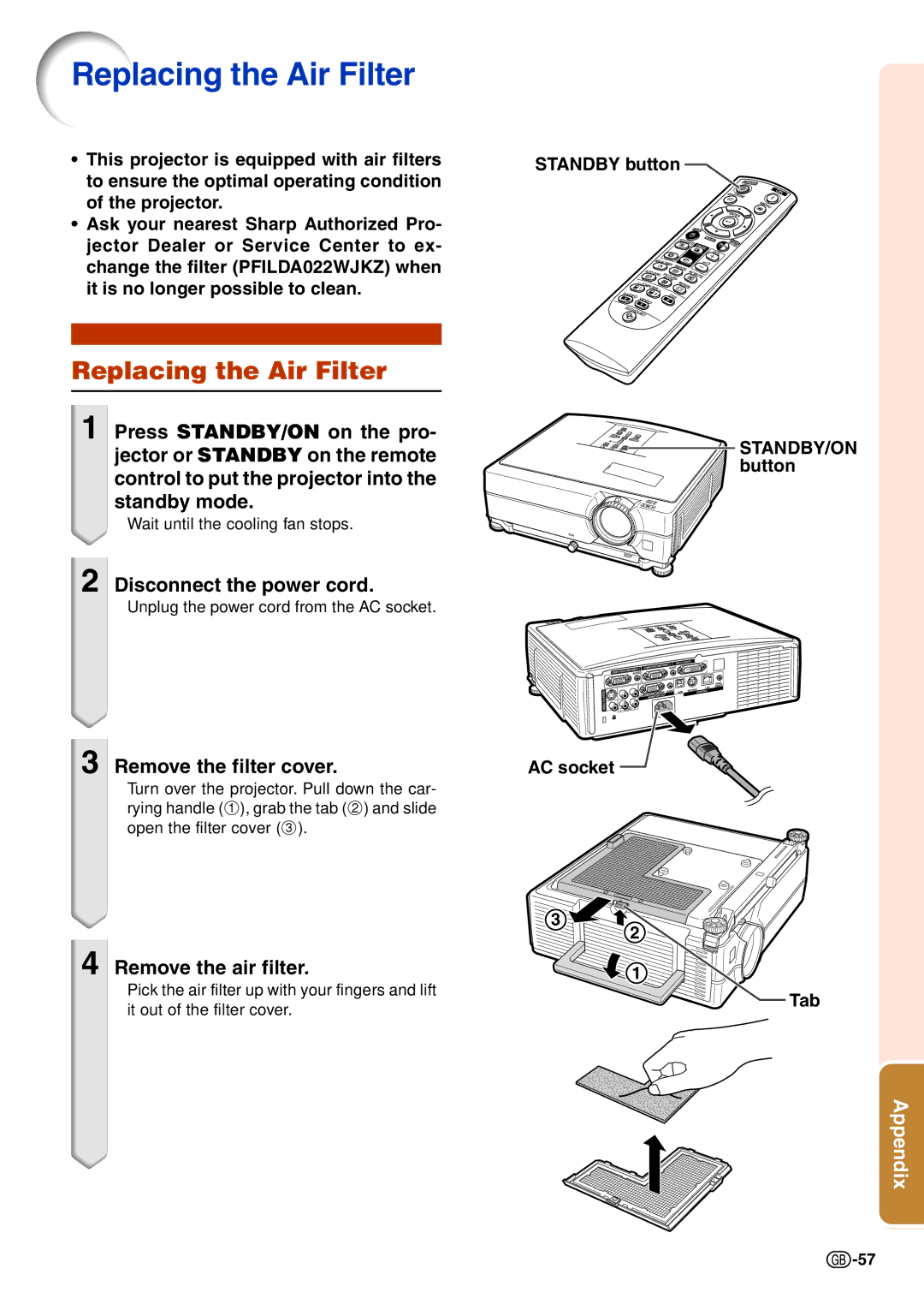 Sharp XG-C435X-L Replacing the Air Filter, Disconnect the power cord, Remove the filter cover, Remove the air filter 