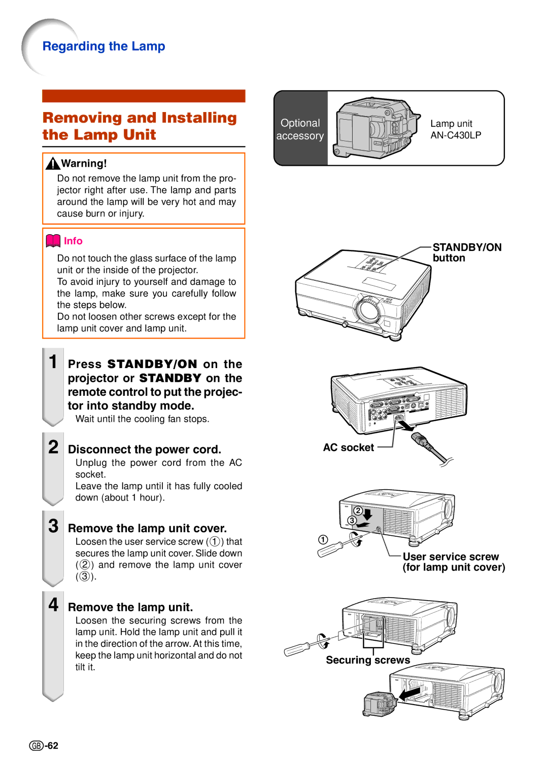 Sharp XG-C465X-L, XG-C435X-L Removing and Installing the Lamp Unit, Regarding the Lamp, Remove the lamp unit cover 