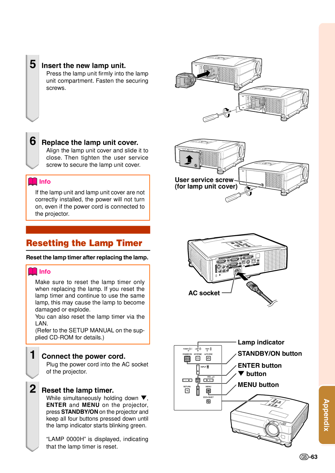 Sharp XG-C435X-L Resetting the Lamp Timer, Insert the new lamp unit, Replace the lamp unit cover, Connect the power cord 