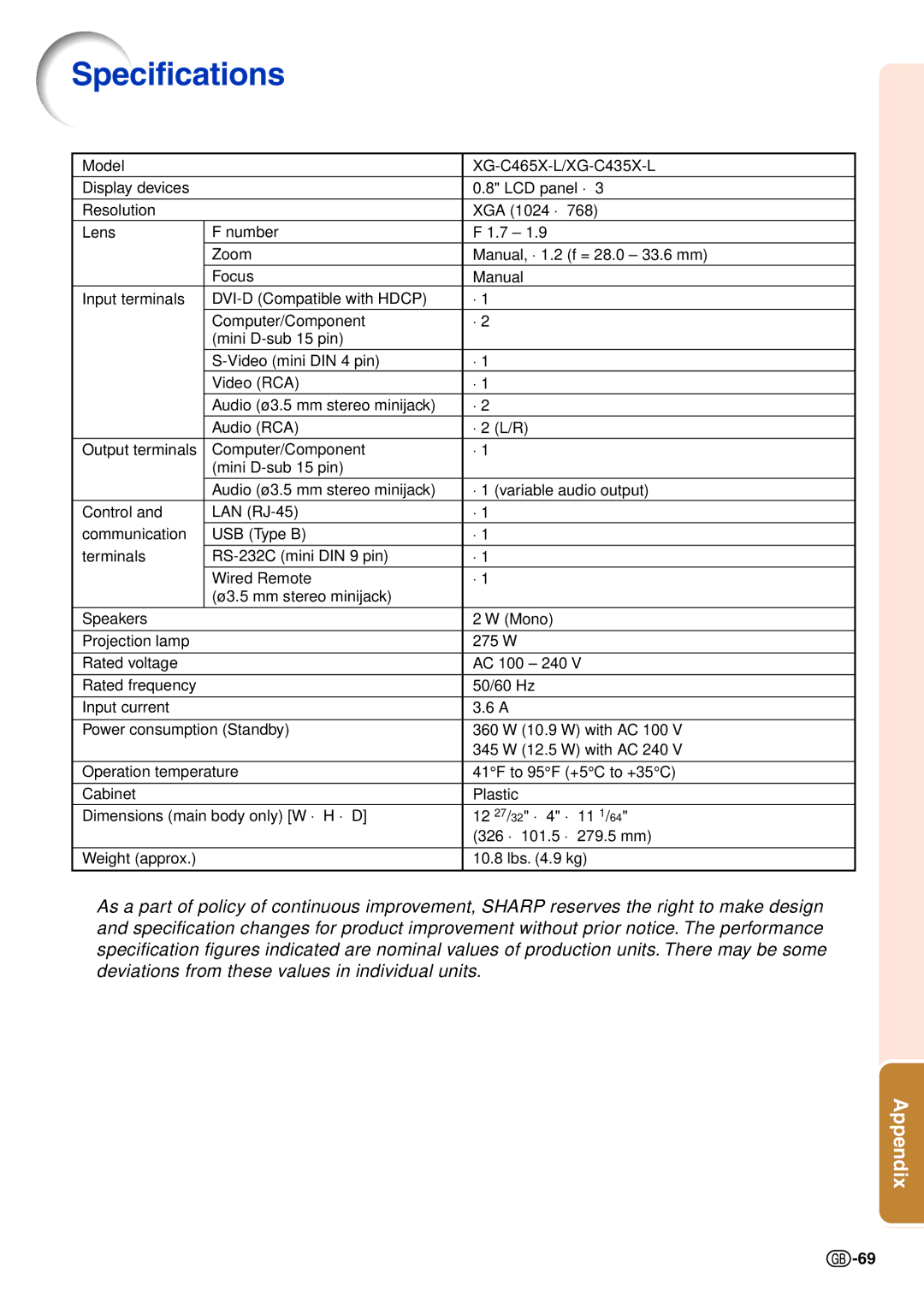 Sharp XG-C435X-L, XG-C465X-L operation manual Specifications 