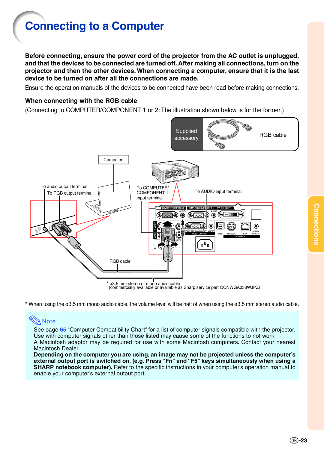 Sharp XG-C435X-L, XG-C465X-L operation manual Connecting to a Computer, When connecting with the RGB cable, Connections 